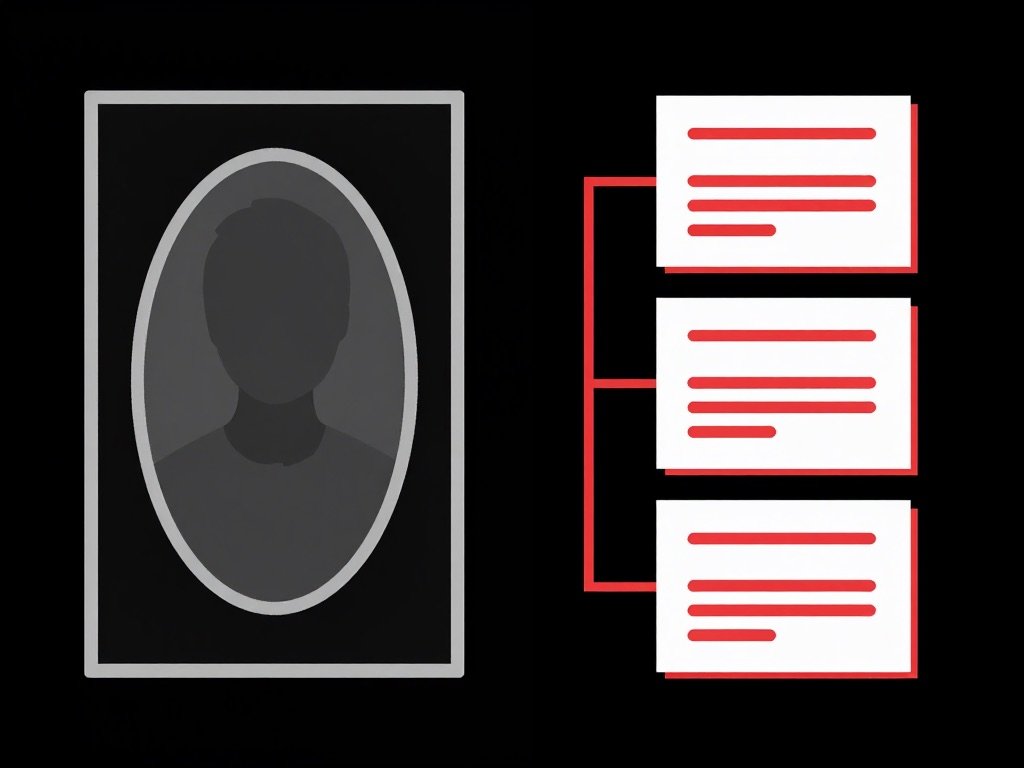 Two panels: on the left a video call frame with an anonymous, dissolving silhouette; on the right three document cards linked together, drawn in solid outlines