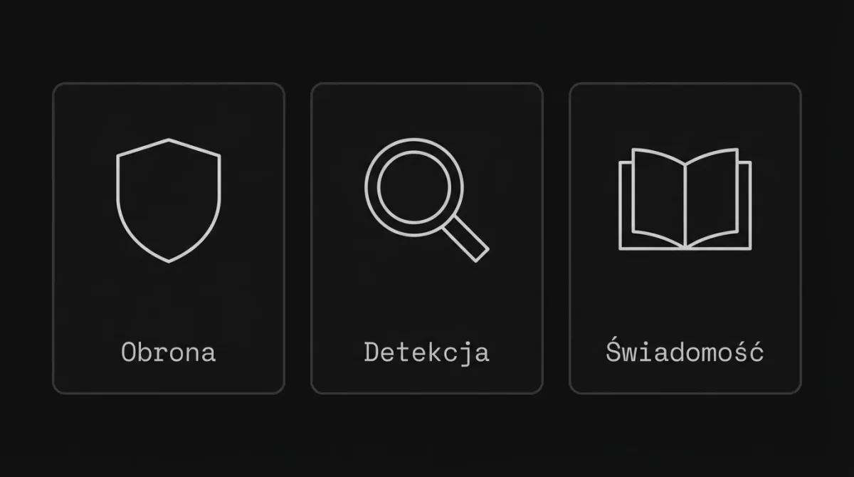 Trzy panele z konturowymi symbolami: tarcza „Obrona”, lupa „Detekcja” i otwarta książka „Świadomość”.