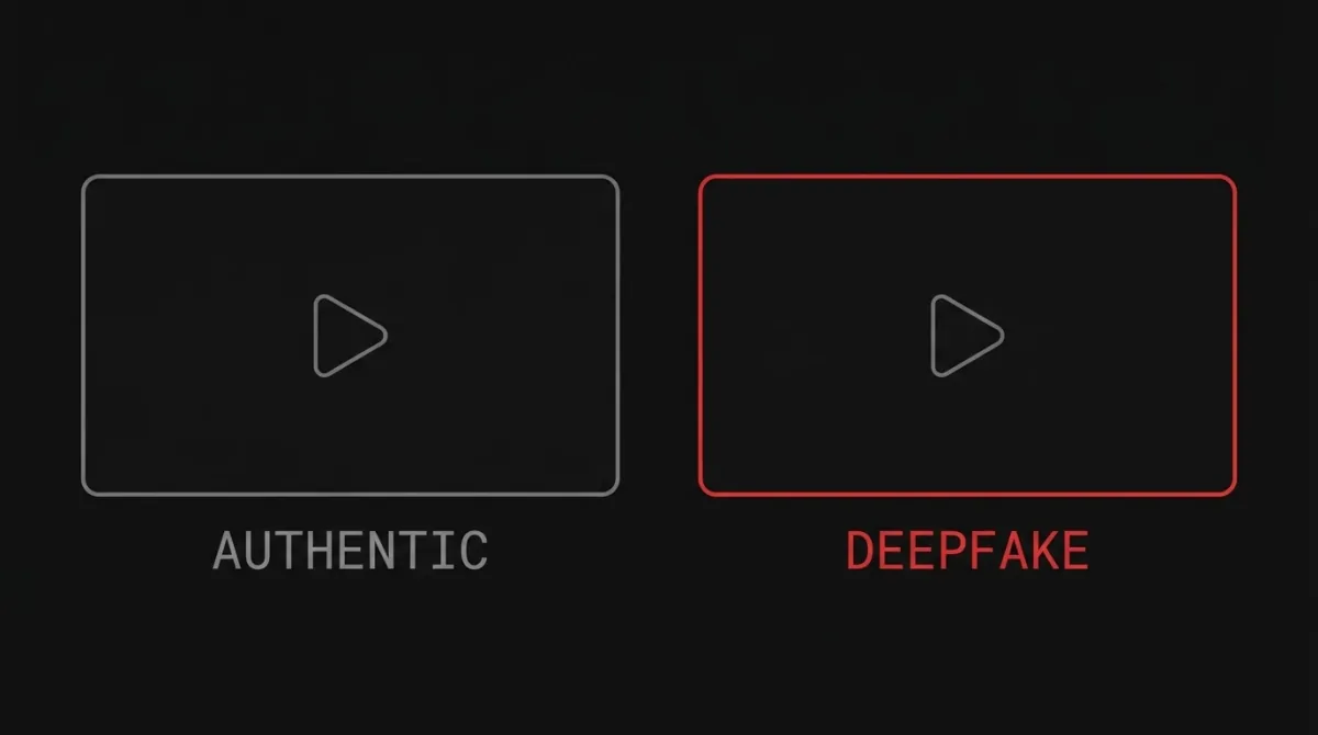Two identical video frames side by side: the left captioned AUTHENTIC in grey, the right outlined in red and captioned DEEPFAKE.