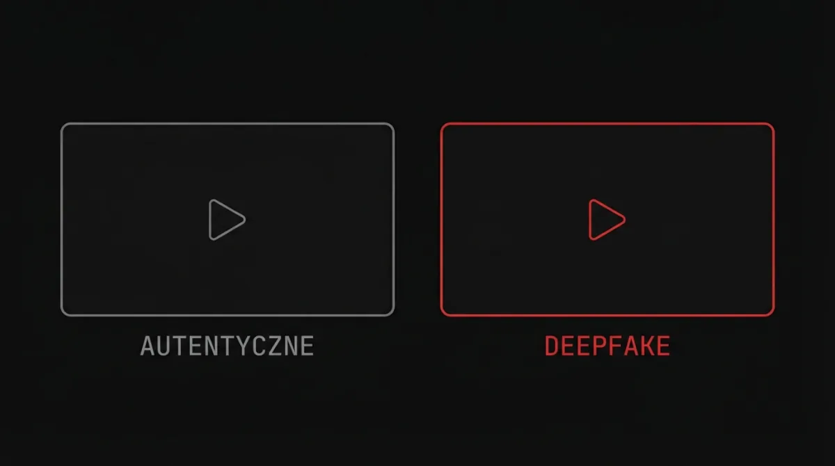 Dwa identyczne kadry wideo obok siebie: lewy podpisany AUTENTYCZNE w szarości, prawy w czerwonej ramce z podpisem DEEPFAKE.