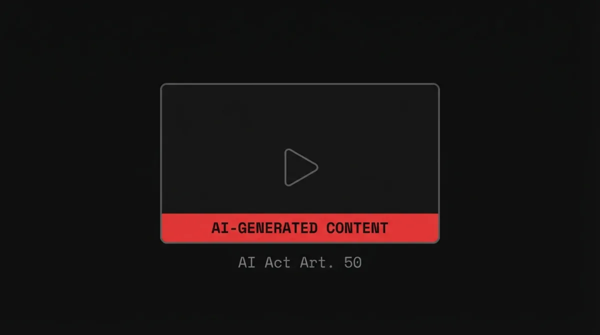 A video frame with a red bar across its bottom reading “AI-GENERATED CONTENT”, captioned “AI Act Art. 50” below.