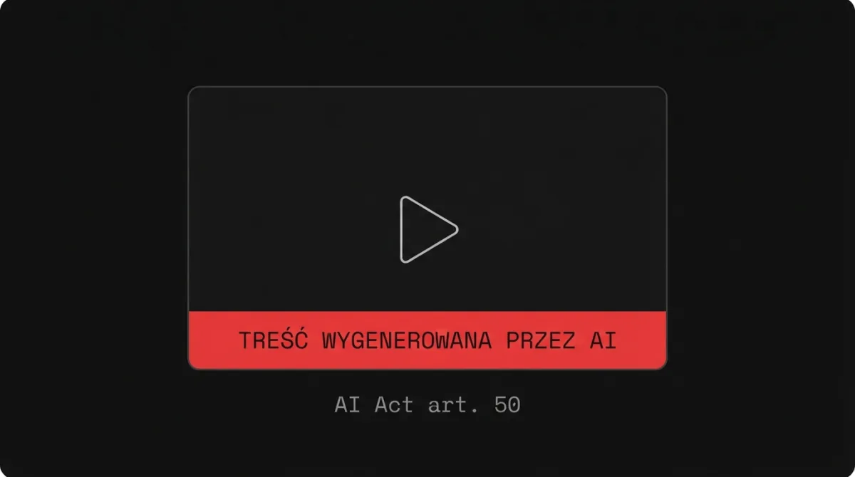 Kadr wideo z czerwonym paskiem u dołu: „TREŚĆ WYGENEROWANA PRZEZ AI”, pod spodem podpis „AI Act art. 50”.